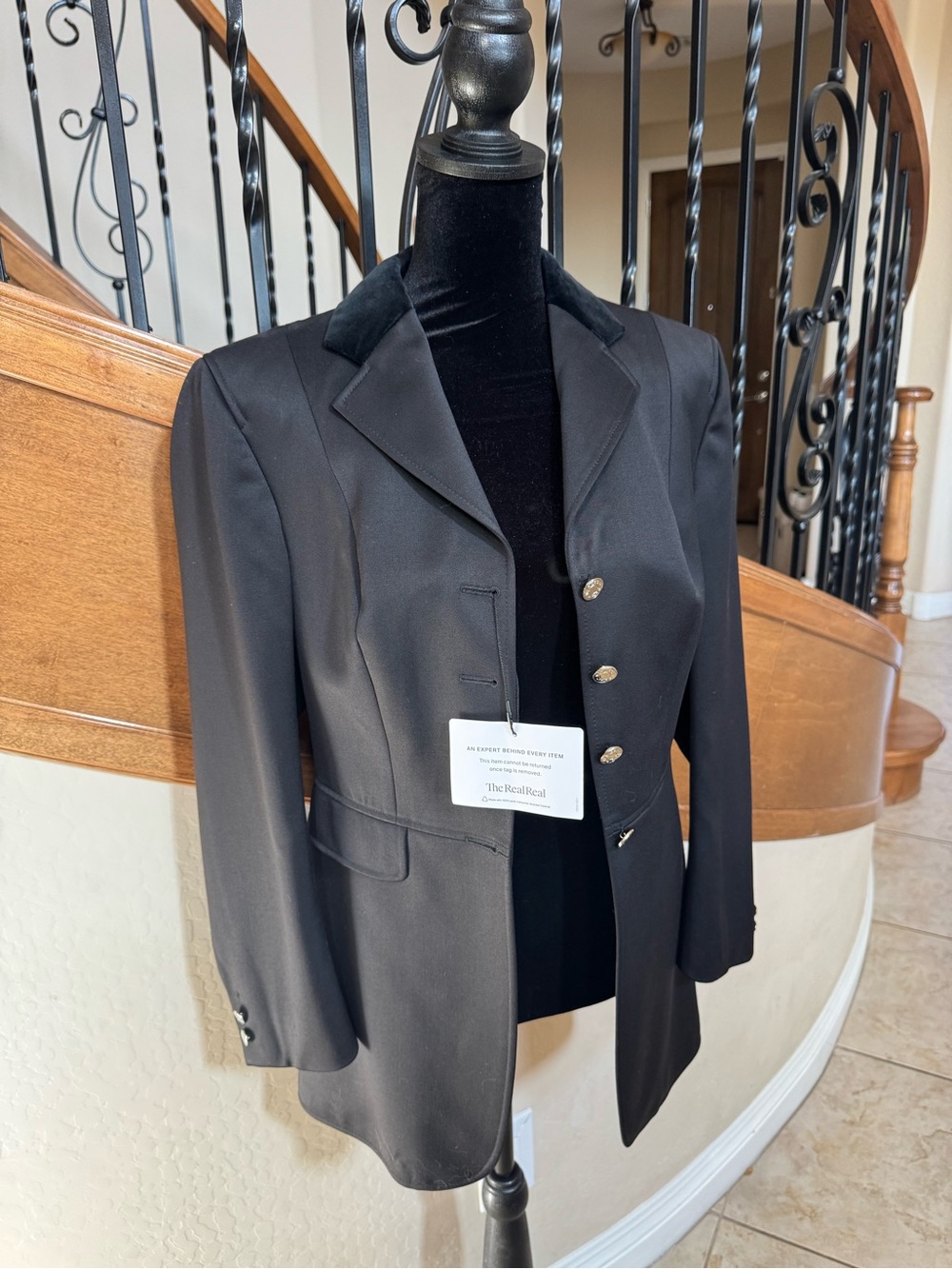 Hermes Black Equestrian Riding Jacket Velvet Collar Red Lining US 10